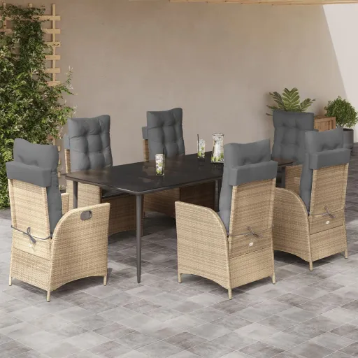 Set Comedor de Jardín 7 Pzas Con Cojines Ratán Sintético Beige