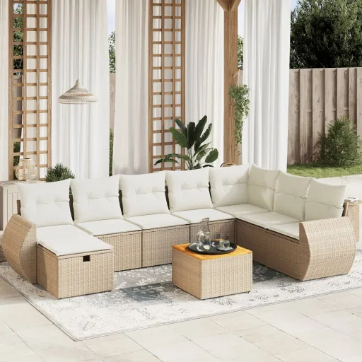 Set de Sofás de Jardín 9 Pzas Con Cojines Ratán Sintético Beige