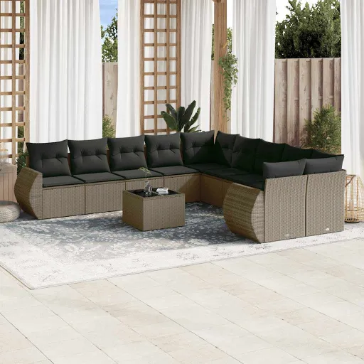 Set de Sofás de Jardín 11 Pzas y Cojines Ratán Sintético Gris