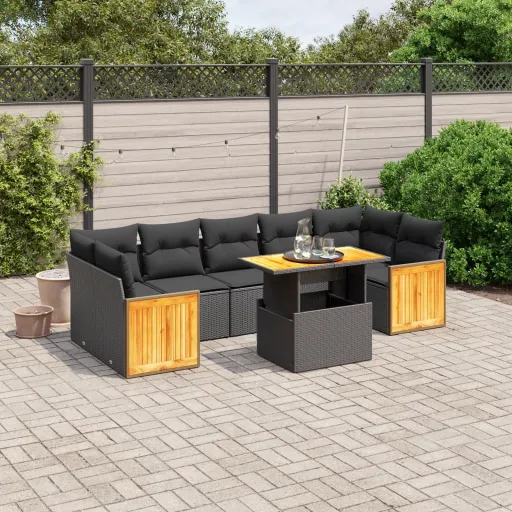 Set de Sofás de Jardín 8 Piezas y Cojines Ratán Sintético Negro