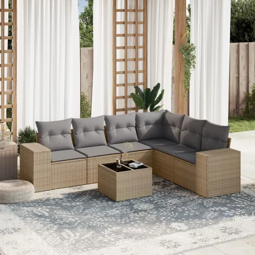 Set Sofás de Jardín 7 Piezas y Cojines Ratán Sintético Beige