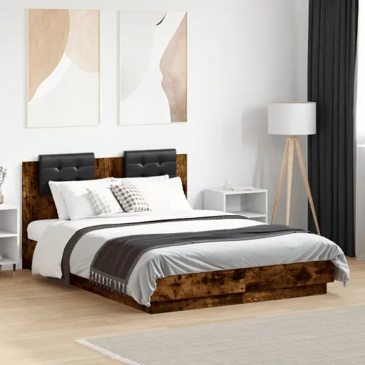 Estructura Cama Con Cabecero Luces LED Roble Ahumado 120x190 cm