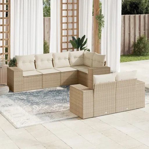 Set Sofás de Jardín 7 Piezas y Cojines Ratán Sintético Beige