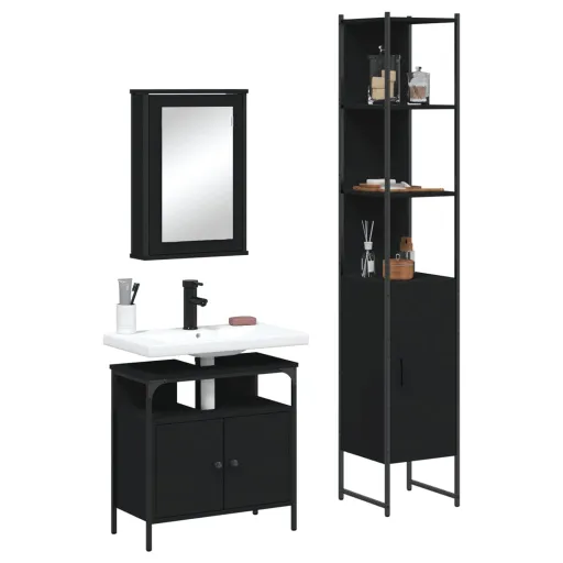 Juego de Muebles de Baño 3 Pzas Madera Contrachapada Negro