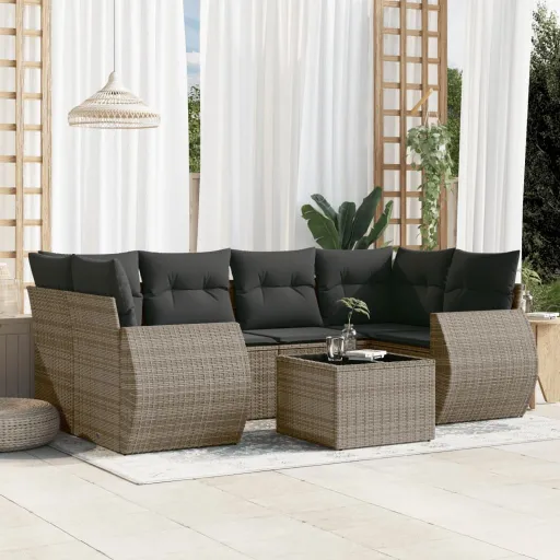 Set de Sofás de Jardín 7 Piezas Con Cojines Ratán PE Gris