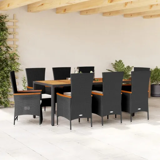 Set de Comedor de Jardín 9 Pzas y Cojines Ratán Sintético Negro