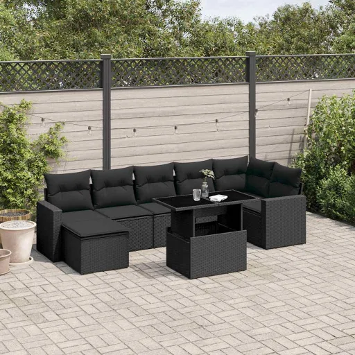 Set de Sofás de Jardín 8 Piezas y Cojines Ratán Sintético Negro