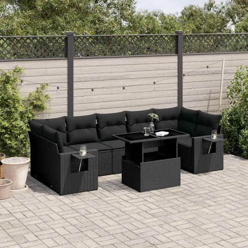 Set de Sofás de Jardín 8 Piezas y Cojines Ratán Sintético Negro