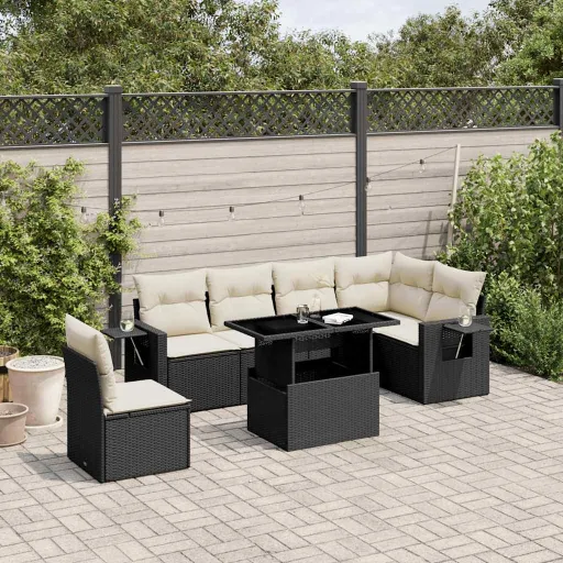 Set de Sofás de Jardín 7 Pzas Con Cojines Ratán Sintético Negro