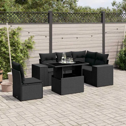 Set de Sofás de Jardín 6 Piezas y Cojines Ratán Sintético Negro