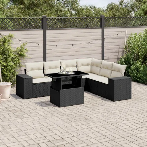 Set de Sofás de Jardín 7 Pzas Con Cojines Ratán Sintético Negro