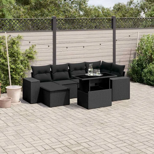 Set de Sofás de Jardín 7 Pzas Con Cojines Ratán Sintético Negro