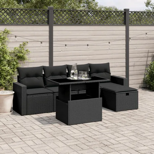 Set de Sofás de Jardín 6 Piezas y Cojines Ratán Sintético Negro