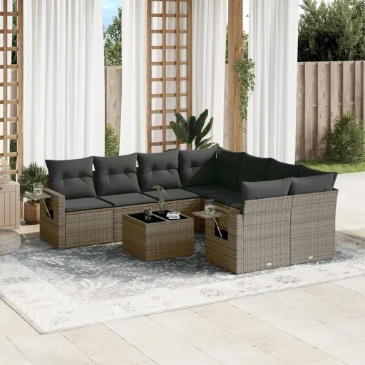Set de Muebles de Jardín 9 Pzas y Cojines Ratán Sintético Gris