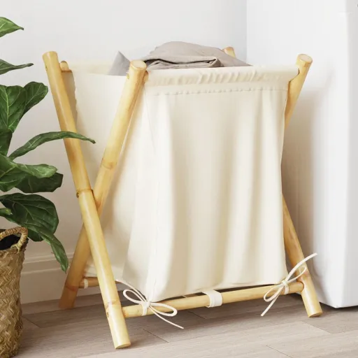 Cesto de la Ropa Sucia de Bambú Blanco Crema 45x55x63,5 cm