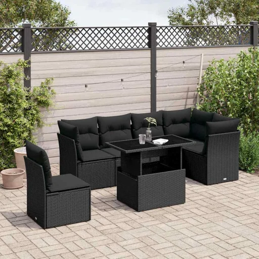Set de Sofás de Jardín 7 Pzas Con Cojines Ratán Sintético Negro