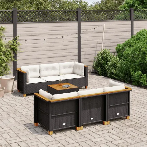 Set de Sofás de Jardín 7 Pzas Con Cojines Ratán Sintético Negro