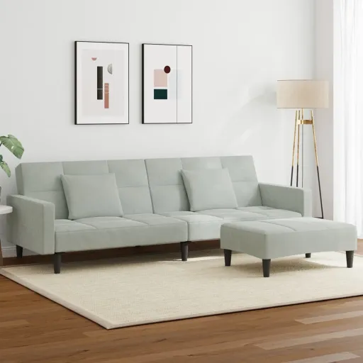 Sofá Cama de 2 Plazas Con Taburete Terciopelo Gris Claro