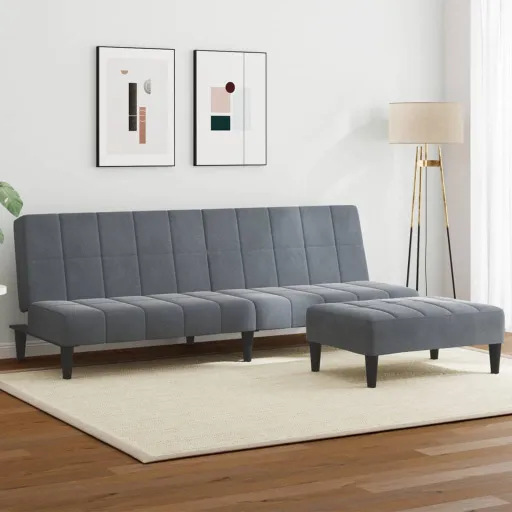 Sofá Cama de 2 Plazas Con Taburete Terciopelo Gris Oscuro