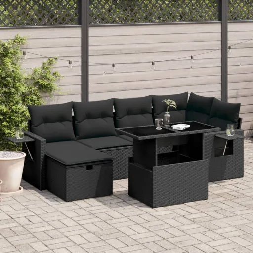Set de Sofás de Jardín 7 Pzas Con Cojines Ratán Sintético Negro