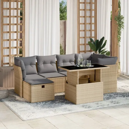 Set Sofás de Jardín 7 Piezas y Cojines Ratán Sintético Beige
