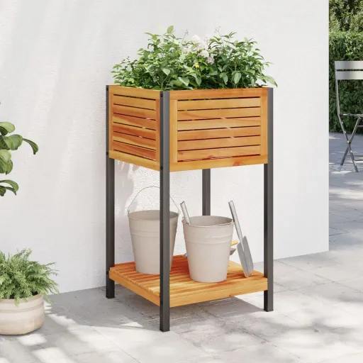 Jardinera Con Estante Madera Maciza Acacia y Acero 45x45x80 cm