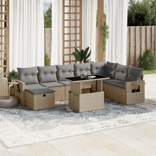 Set de Sofás de Jardín 9 Pzas Con Cojines Ratán Sintético Beige