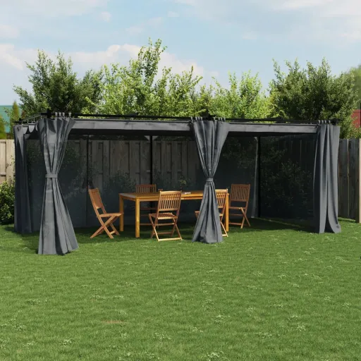 Cenador Con Cortinas Acero Gris Antracita 6x3 m