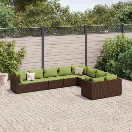 Set de Sofás de Jardín 9 Pzas y Cojines Ratán Sintético Marrón