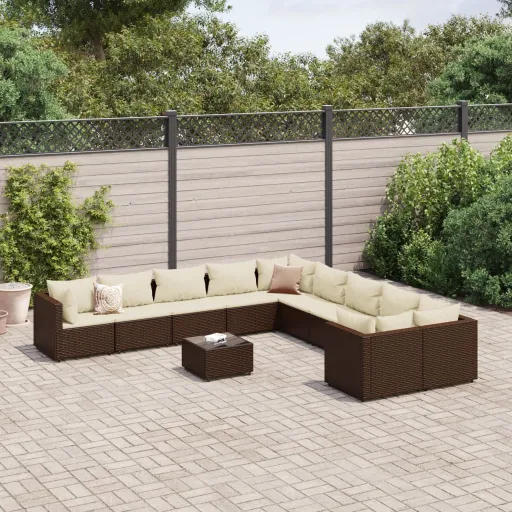 Set de Sofás de Jardín 11 Pzas Cojines Ratán Sintético Marrón