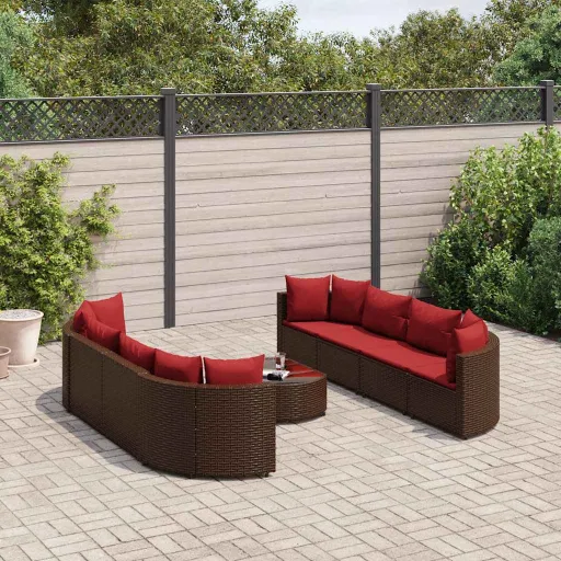 Set de Sofás de Jardín 9 Pzas y Cojines Ratán Sintético Marrón
