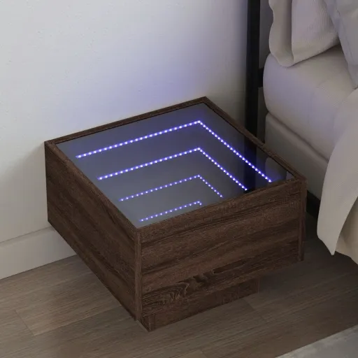 Mesita de Noche Con Infinity LED Marrón Roble 40x40x30 cm