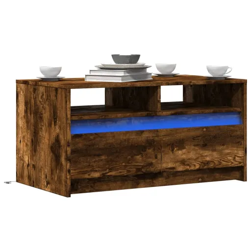 Mesa de Centro Con Luces LED Madera de Ingeniería Roble Ahumado