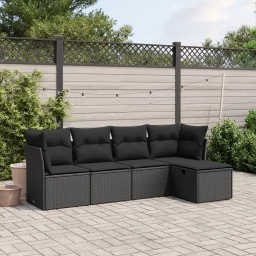Set de Muebles de Jardín 5 Pzas y Cojines Ratán Sintético Negro