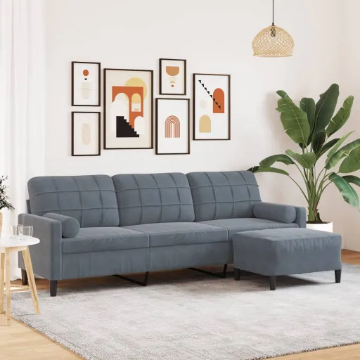 Sofá de 3 Plazas Con Taburete de Terciopelo Gris Oscuro 210 cm
