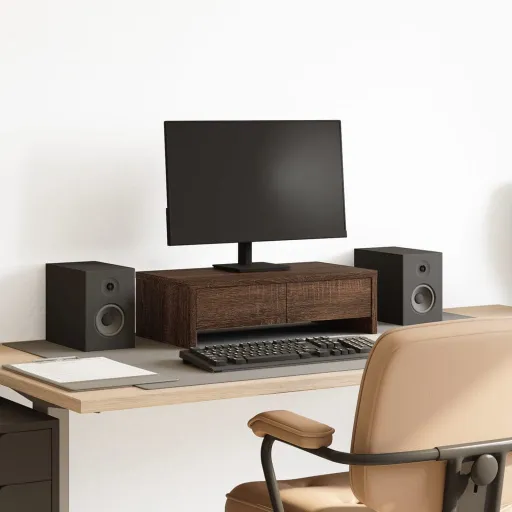 Soporte de Monitor Con Cajones Madera Marrón Roble 50x27x15 cm