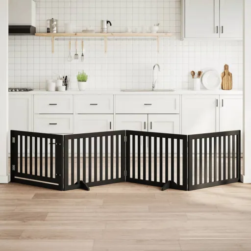 Puerta Para Perros Plegable 4 Paneles Madera Álamo Negra 320 cm