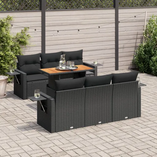 Set de Sofás de Jardín 7 Pzas Con Cojines Ratán Sintético Negro