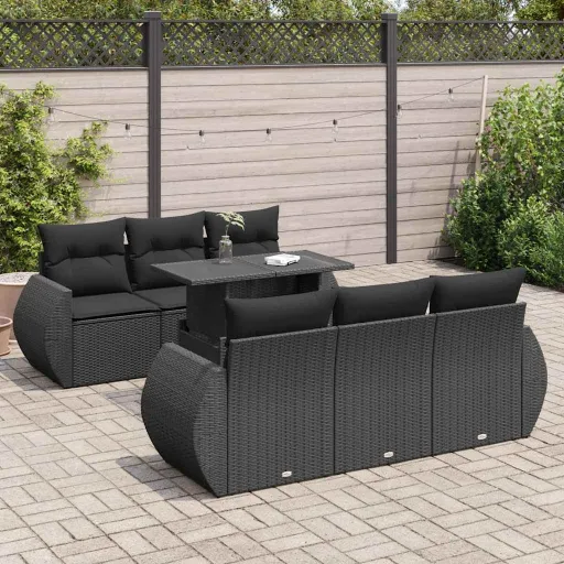 Set de Sofás de Jardín 7 Pzas Con Cojines Ratán Sintético Negro