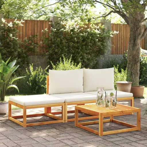 Conjunto de Sofá de Jardín de 4 Piezas Con Cojines de Madera de Acacia y Ratán