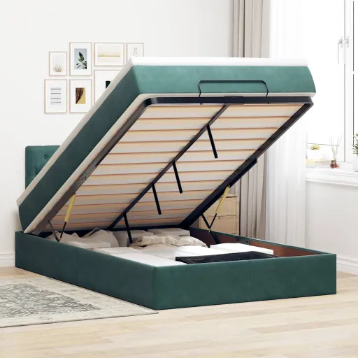 Estructura Cama Otomana Colchón Terciopelo Verde Oscuro