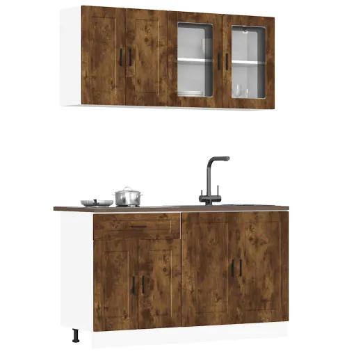 Conjunto de Armarios de Cocina de 4 Piezas "Porto" de Madera de Ingeniería de Roble Ahumado