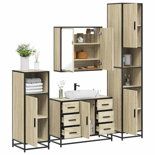 Juego de Muebles de Baño 4 Pzas Contrachapada Roble Sonoma