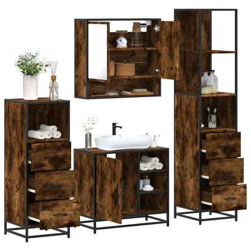 Set de Muebles Baño 4 Pzas Madera Contrachapada Roble Ahumado