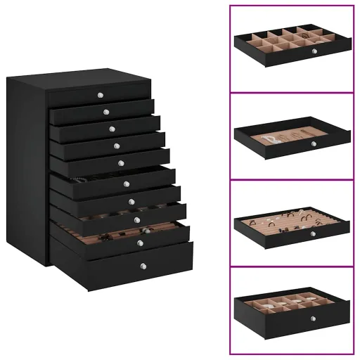 Joyero de 10 Niveles Con Compartimentos Para Relojes, Negro, 29 x 20,5 x 40,5 cm
