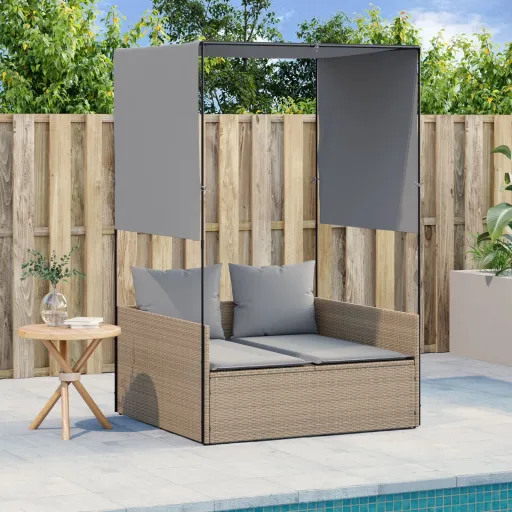 Tumbona Doble Con Techo y Cortinas Ratán Sintético Beige