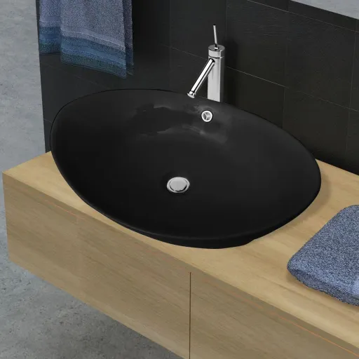 Lavabo Oval de Cerámica Negra de Lujo Con Desagüe, 59 x 38,5 cm