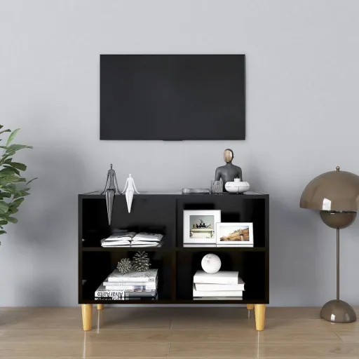 Mueble de TV Con Patas de Madera Maciza Negro 69,5x30x50 cm
