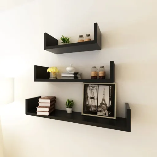 Estantes Flotantes Pared 3 Pzas MDF Negro Forma U Libros/DVD