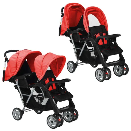 Carrito Para 2 Niños Tandem de Acero Rojo y Negro